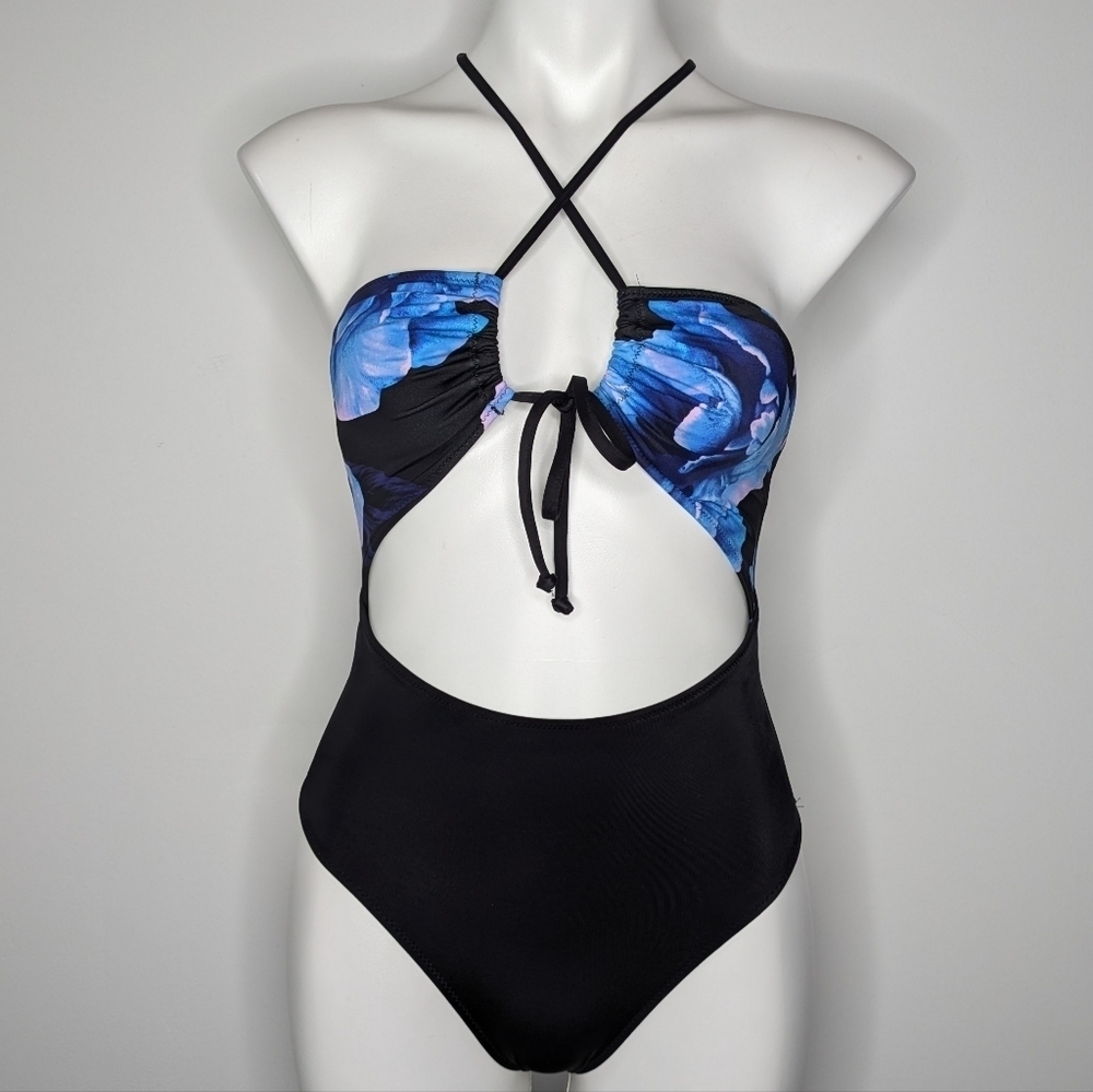 NWT Pink Victoria's Secret Black Blue Floral Strappy Cutout One Piece Swimsuit S